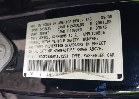 2008 Honda Accord 2.4 Ex-L from USA, damaged, VIN 1HGCP26858A101253